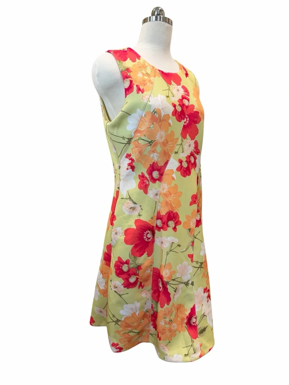 Vince Camuto Scuba Fit Flare Dress Floral Sleeveless Lime Green Orange 12 NWT